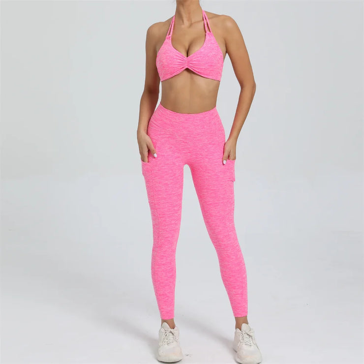 2Piece Women’s Adjustable Bra Yoga Set V Back Tights or Shorts High Waist