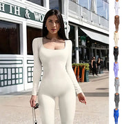 Women's Fitness Jumpsuit Long Sleeve Square Collar