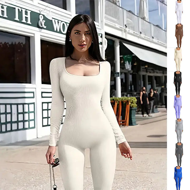 Women's Fitness Jumpsuit Long Sleeve Square Collar