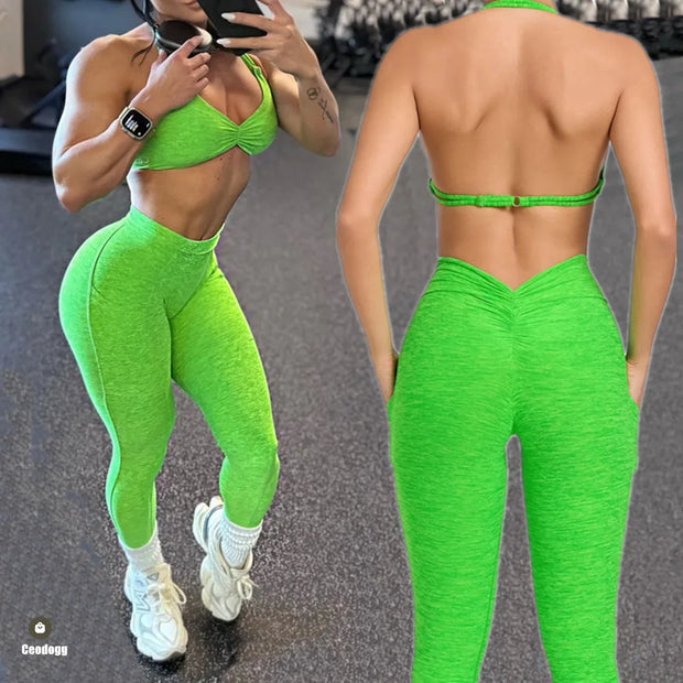 2Piece Women’s Adjustable Bra Yoga Set V Back Tights or Shorts High Waist