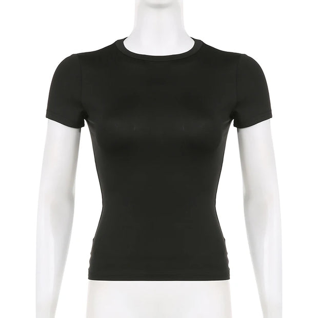 Women’s Solid Crop Top Short Sleeve Crewneck Skinny Summer Casual Tee