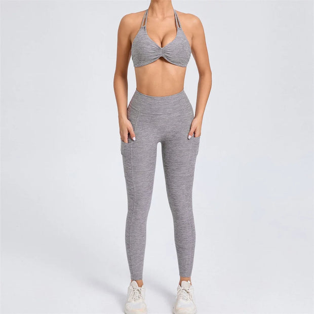 2Piece Women’s Adjustable Bra Yoga Set V Back Tights or Shorts High Waist