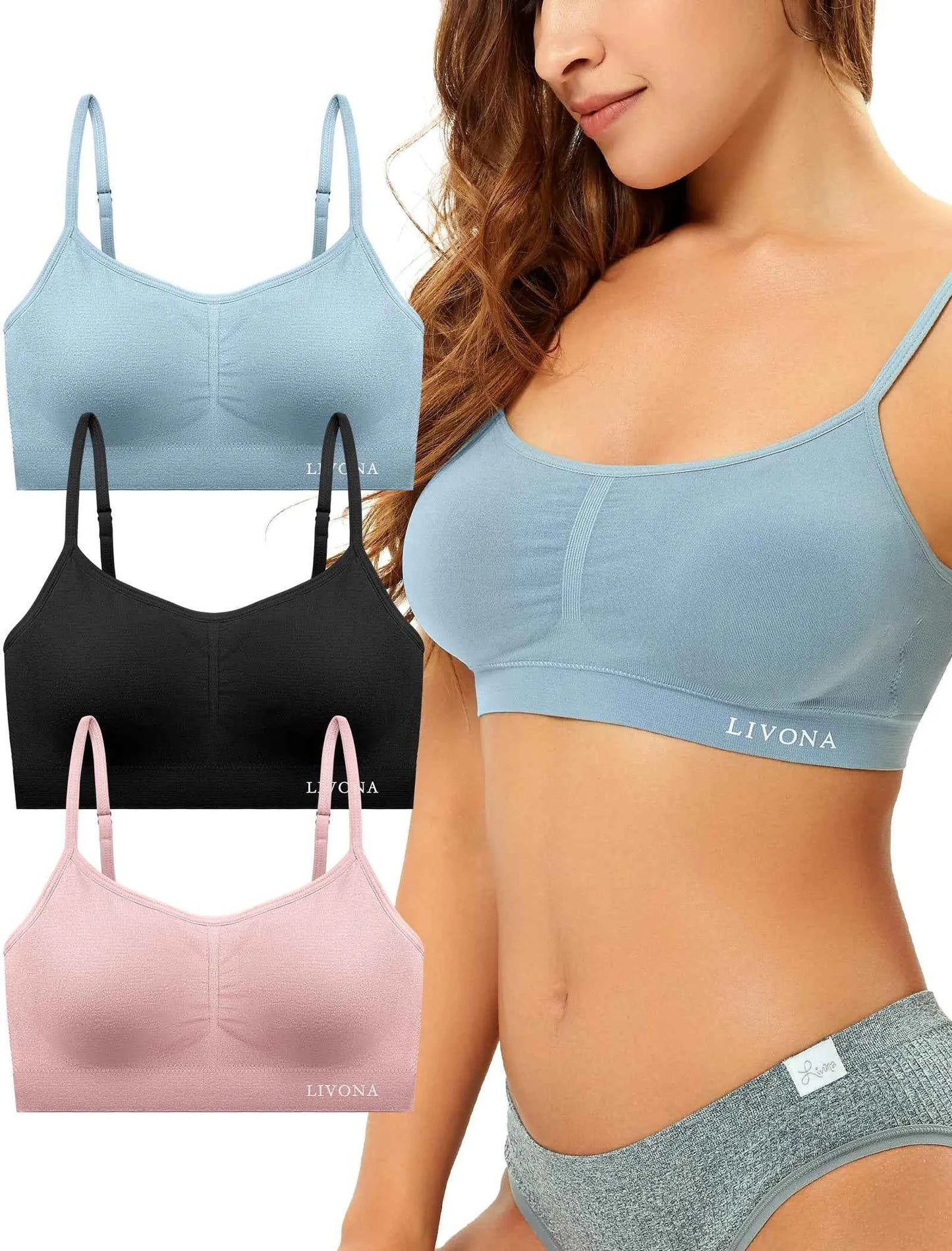 Livona Wireless Sports Bra for Women - 3 Pack Padded Soft Bras