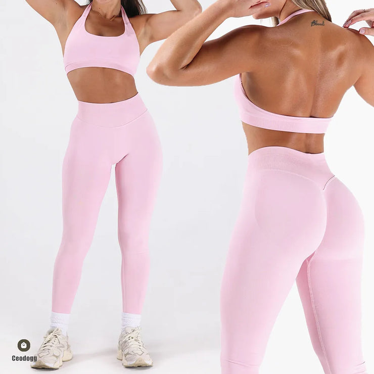 2PCS Women’s Seamless Gym/Yoga Sportswear Leggings Halter Sports Bra