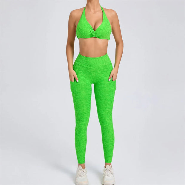 2Piece Women’s Adjustable Bra Yoga Set V Back Tights or Shorts High Waist
