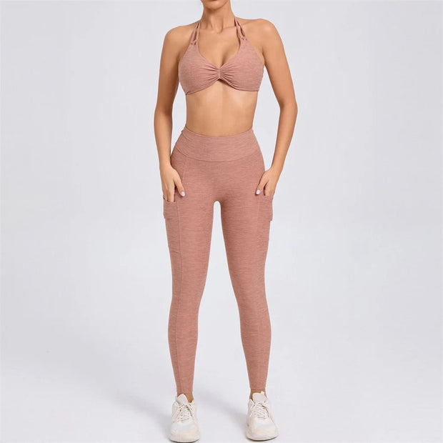 2Piece Women’s Adjustable Bra Yoga Set V Back Tights or Shorts High Waist