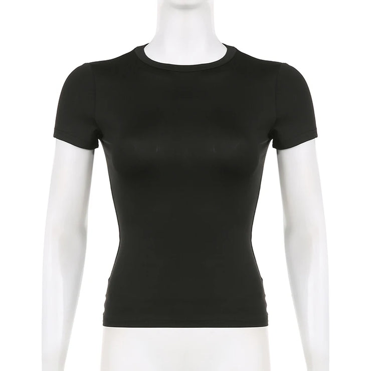 Women’s Solid Crop Top Short Sleeve Crewneck Skinny Summer Casual Tee