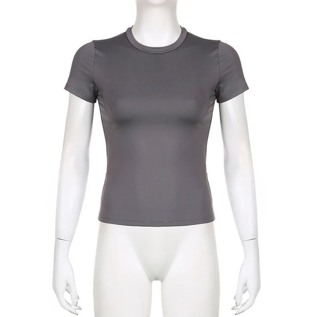 Women’s Solid Crop Top Short Sleeve Crewneck Skinny Summer Casual Tee
