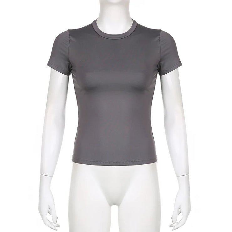 Women’s Solid Crop Top Short Sleeve Crewneck Skinny Summer Casual Tee