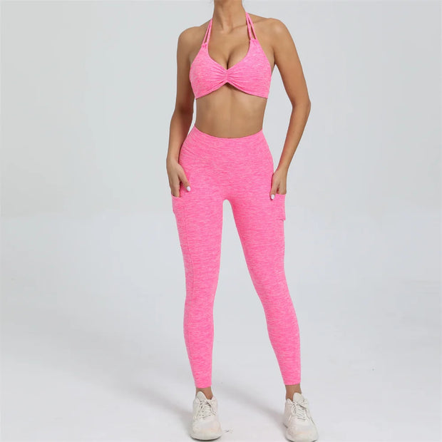 2Piece Women’s Adjustable Bra Yoga Set V Back Tights or Shorts High Waist