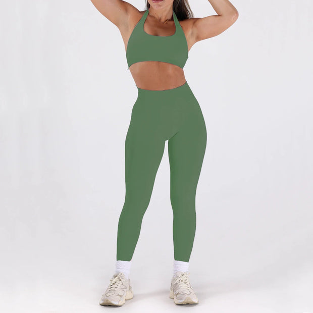 2PCS Women’s Seamless Gym/Yoga Sportswear Leggings Halter Sports Bra