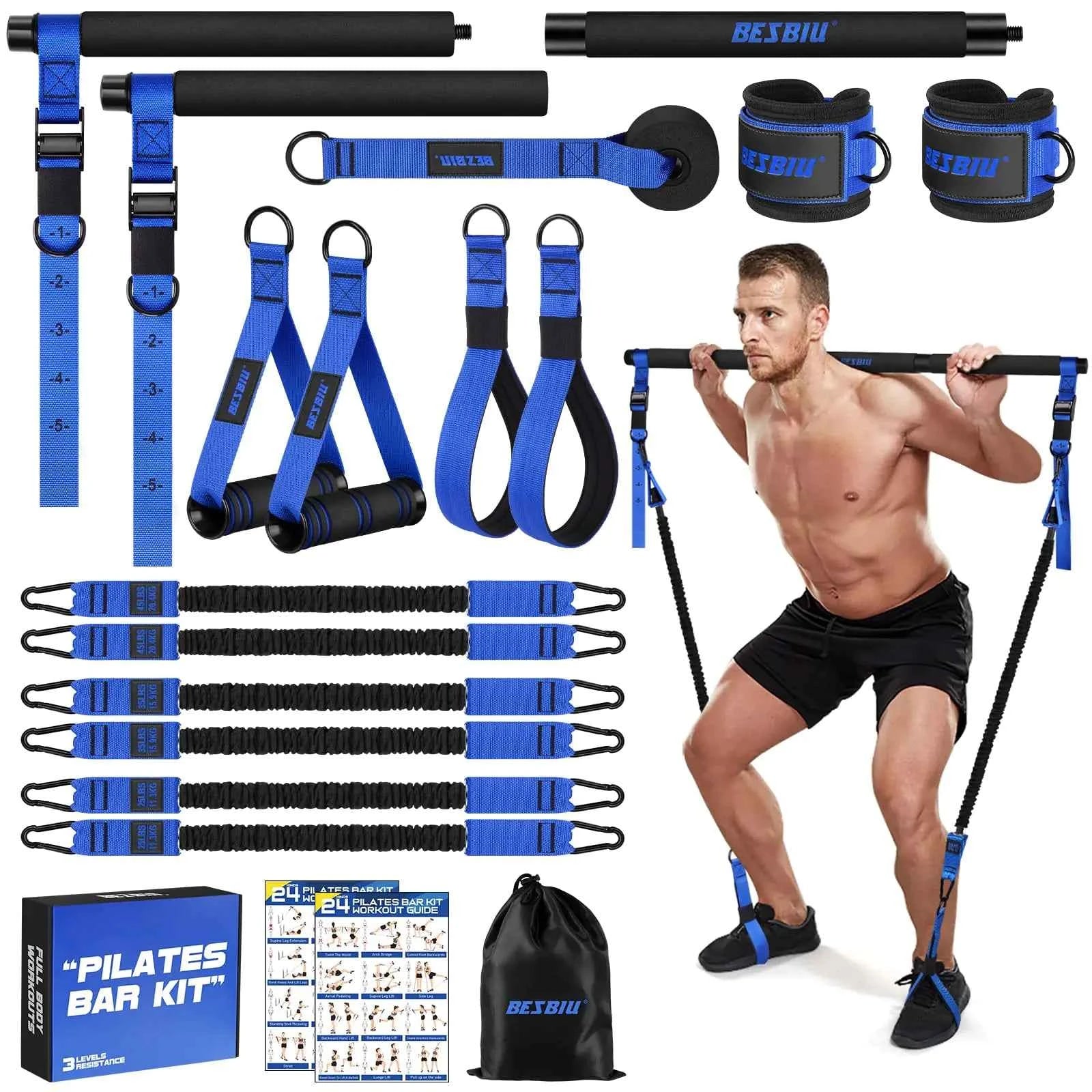 Pilates Bar Kit with Resistance Bands 210lbs Full Body Workout with Handles