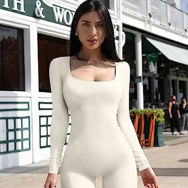 Women's Fitness Jumpsuit Long Sleeve Square Collar