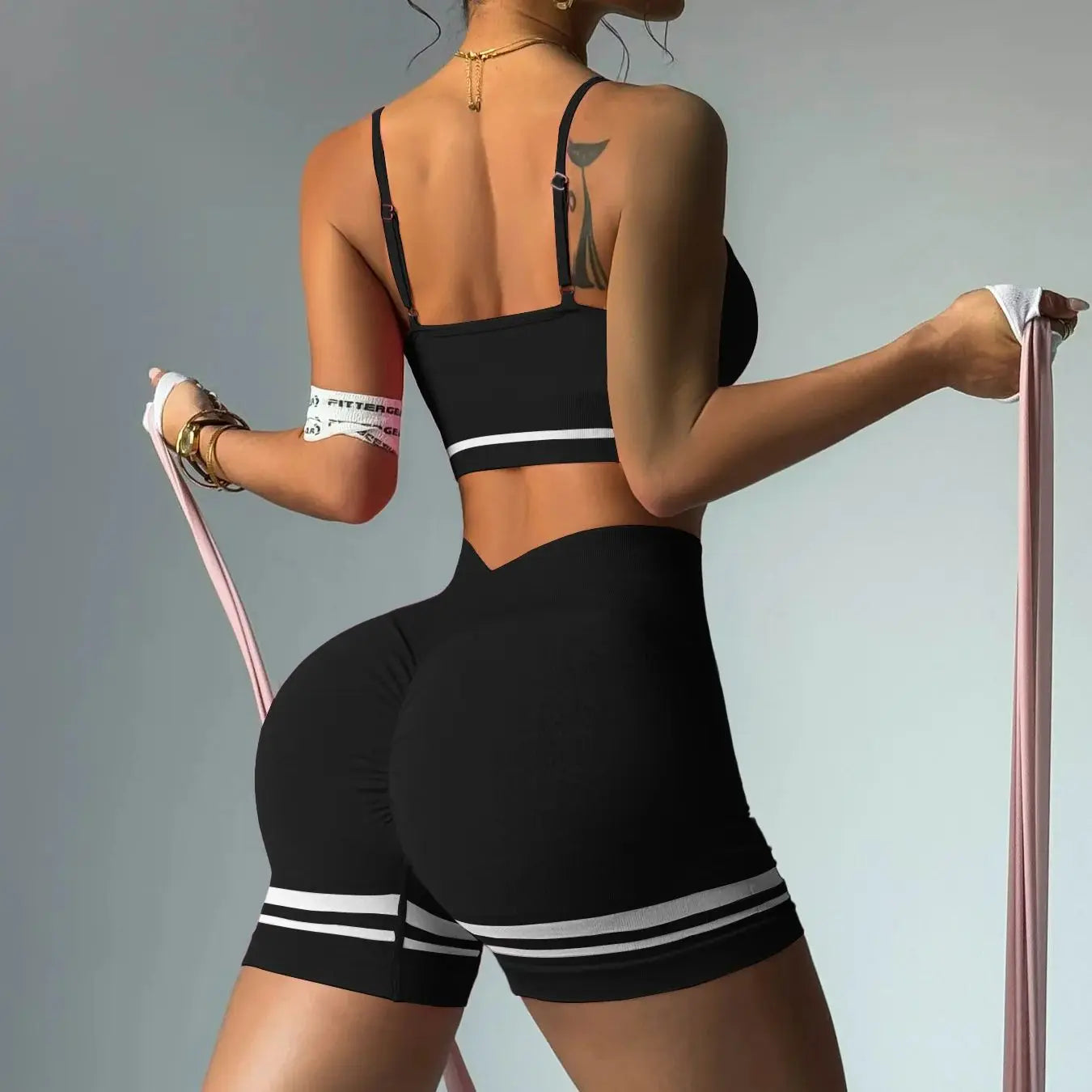 Women's Sports Set Bra with Pad Line & V Back Shorts - Just Fit 