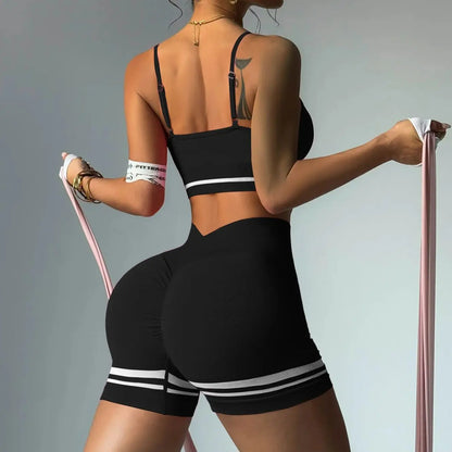 Women's Sports Set Bra with Pad Line & V Back Shorts - Just Fit 