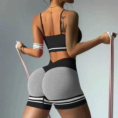 Women's Sports Set Bra with Pad Line & V Back Shorts - Just Fit 