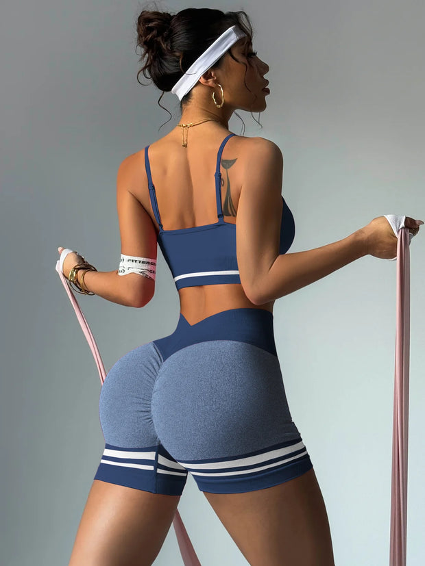 Women's Sports Set Bra with Pad Line & V Back Shorts