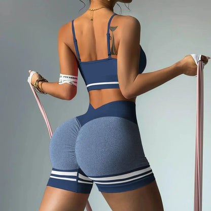 Women's Sports Set Bra with Pad Line & V Back Shorts - Just Fit 