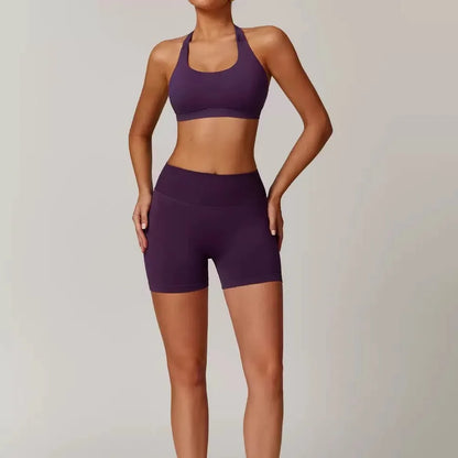 Seamless Halter Yoga Set - 2 Piece Sports Bra & Shorts - Just Fit 