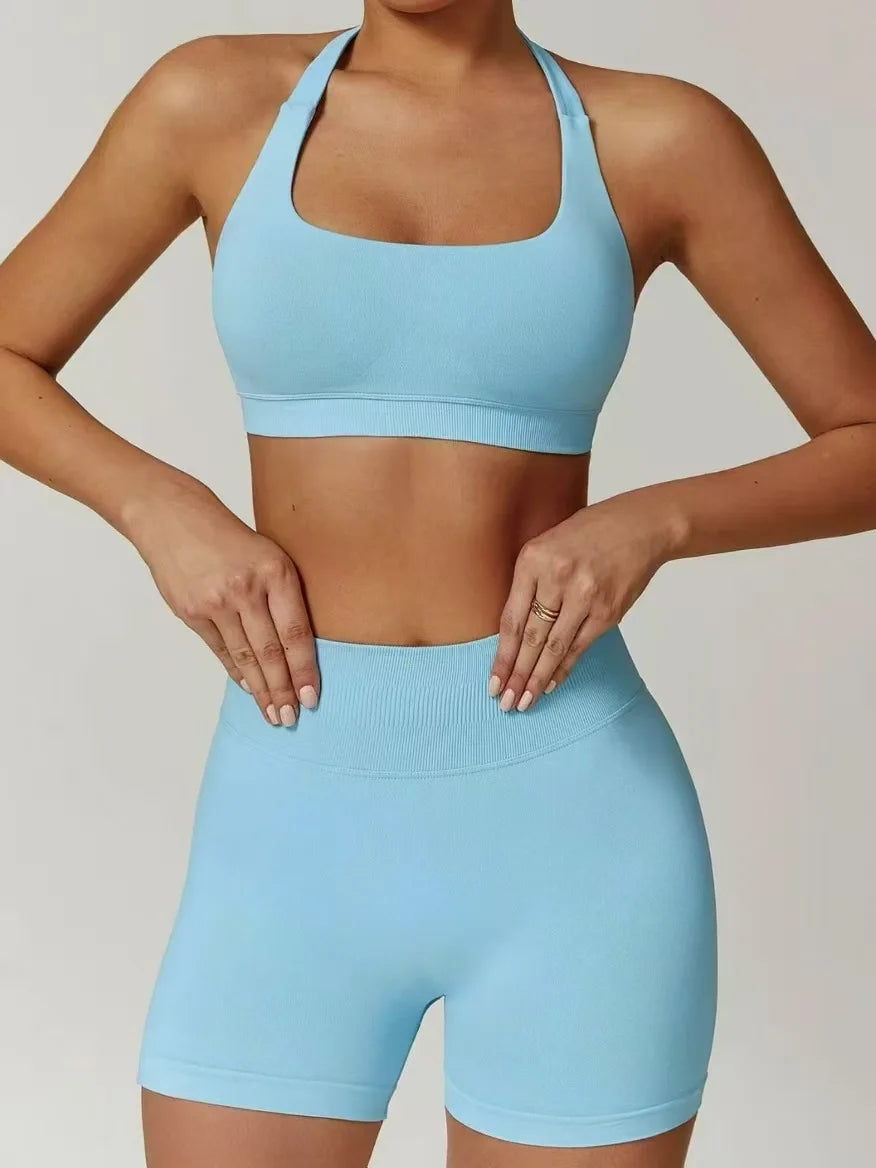 Seamless Halter Yoga Set - 2 Piece Sports Bra & Shorts - Just Fit 
