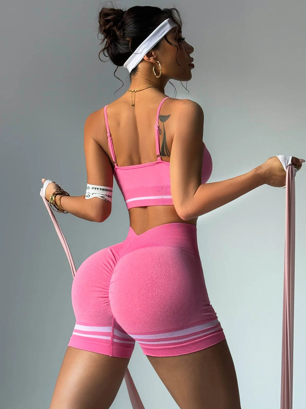 Women's Sports Set Bra with Pad Line & V Back Shorts