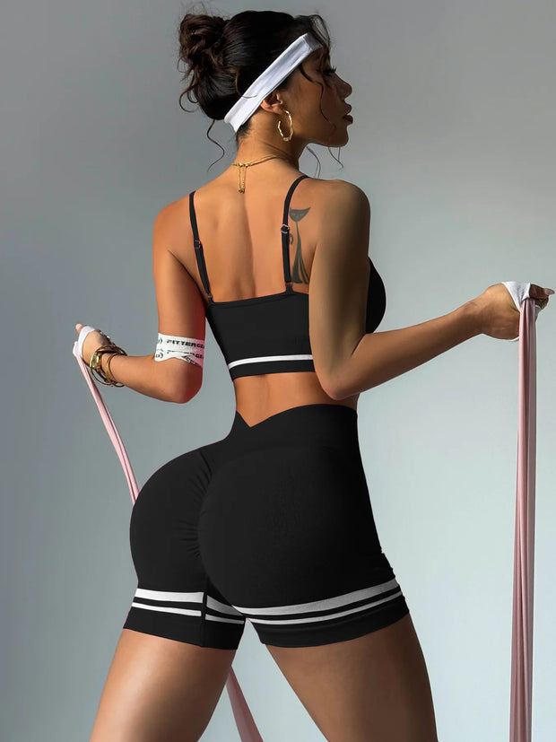 Women's Sports Set Bra with Pad Line & V Back Shorts