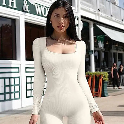 Women's Fitness Jumpsuit Long Sleeve Square Collar