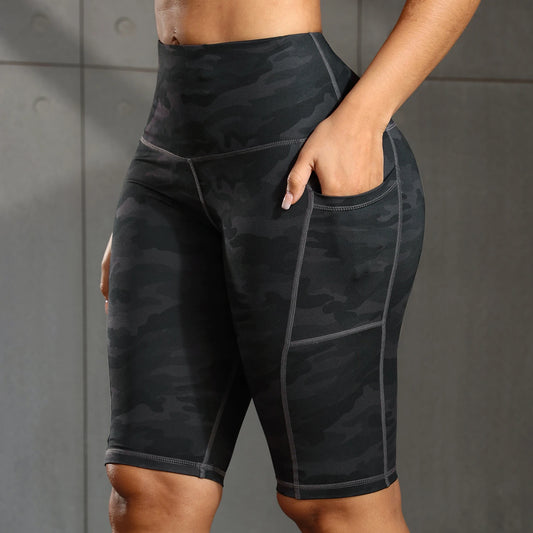 CHRLEISURE Women Solid Yoga Shorts with 3 Pockets High Waist Butt Lifting Workout Tights Gym Elastic Cycling Shorts Activewear