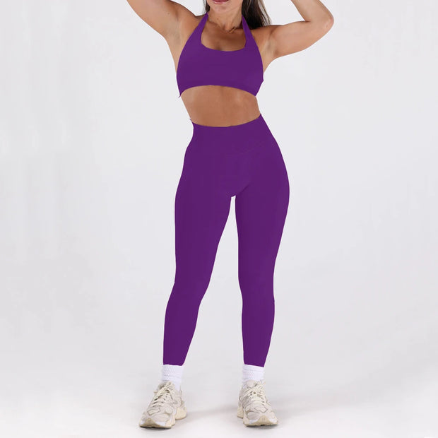 2PCS Women’s Seamless Gym/Yoga Sportswear Leggings Halter Sports Bra