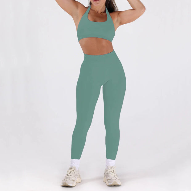 2PCS Women’s Seamless Gym/Yoga Sportswear Leggings Halter Sports Bra