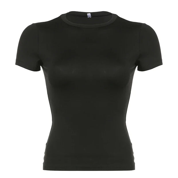 Women’s Solid Crop Top Short Sleeve Crewneck Skinny Summer Casual Tee