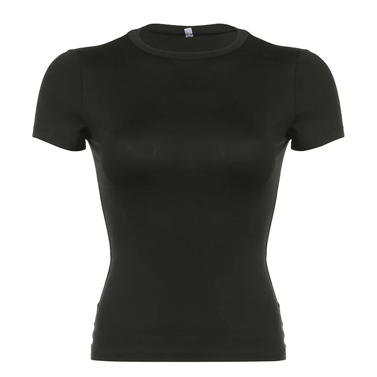 Women’s Solid Crop Top Short Sleeve Crewneck Skinny Summer Casual Tee