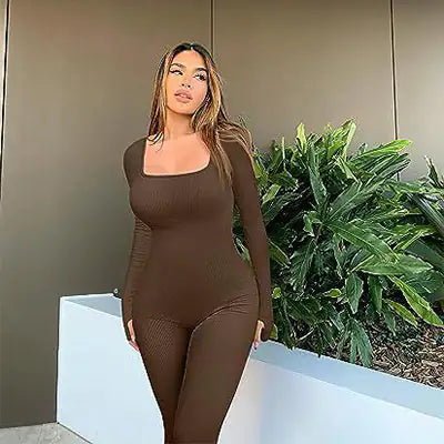 Women's Fitness Jumpsuit Long Sleeve Square Collar